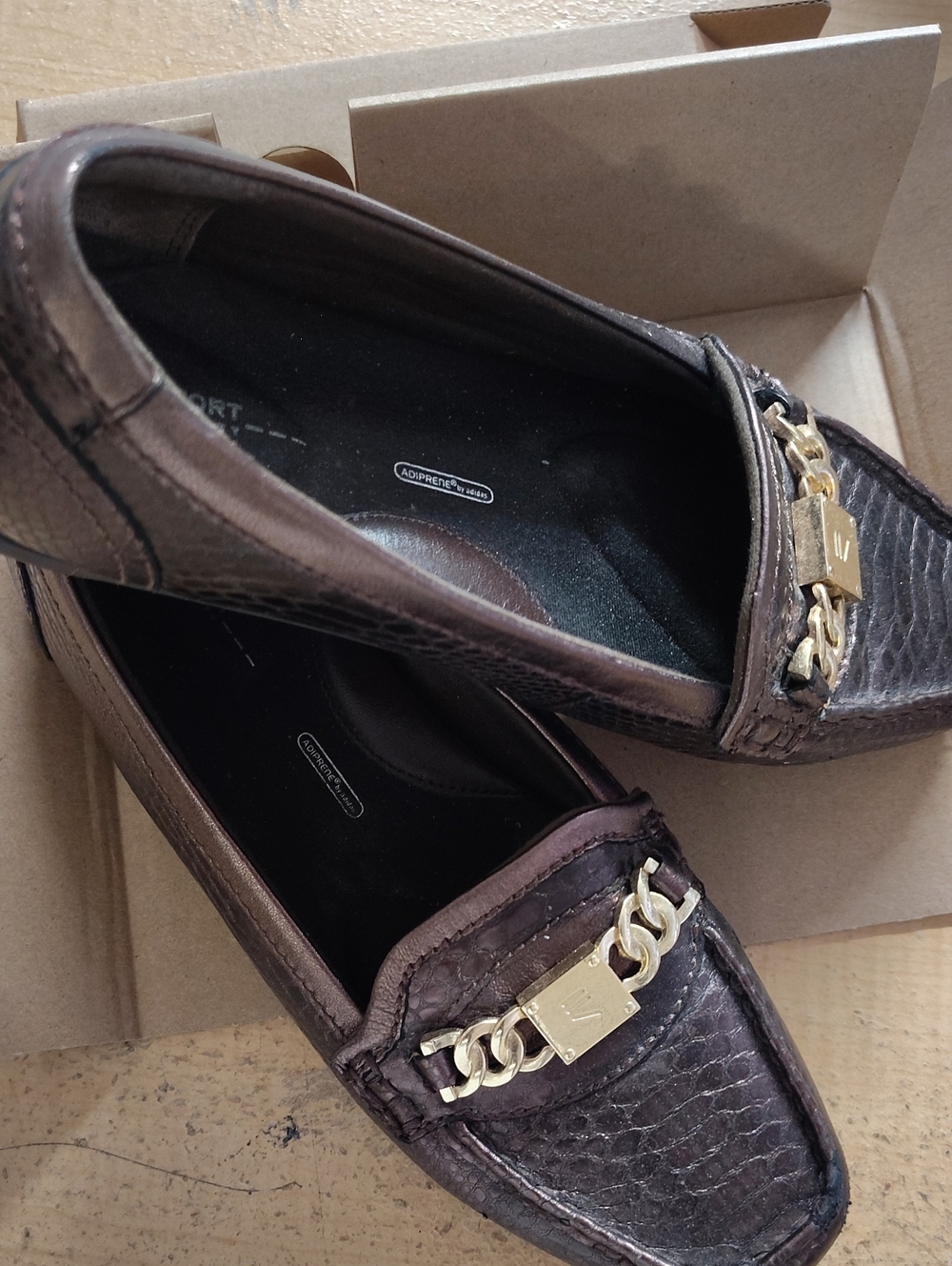 Rockport Dark Brown Leather Loafers with Gold Chain Detail